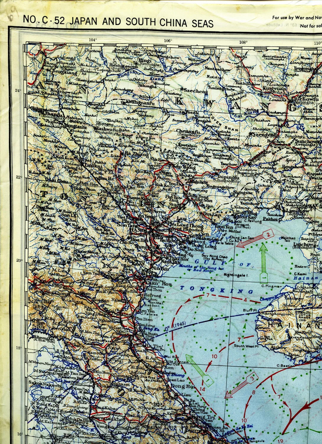WWII Escape and Evasion Silk Map, Sheet No. C-52 'Japan and South China Seas' — Gulf of Tonkin/Hainan/Hanoi Section