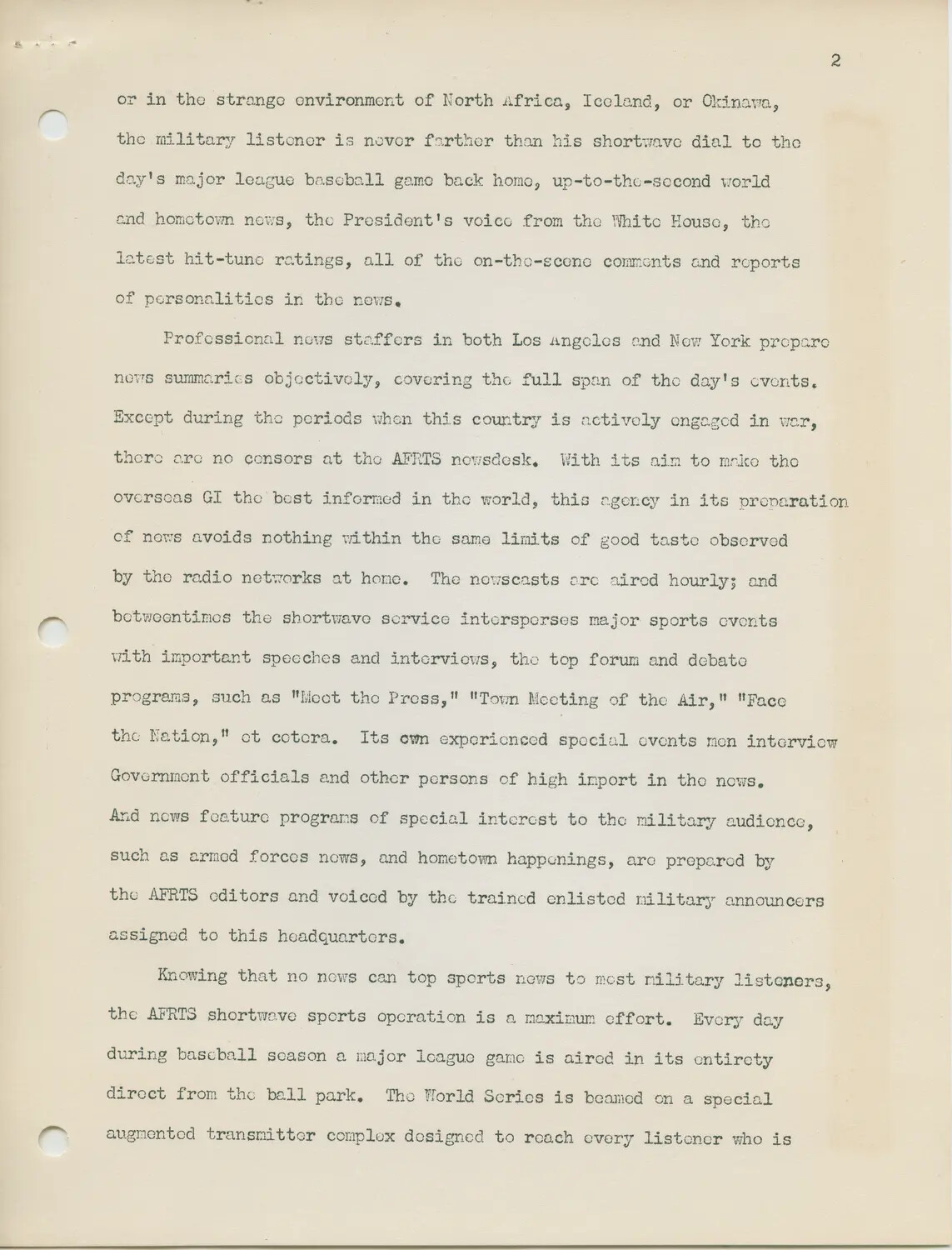 Typewritten Document, Page 2, Describing Armed Forces Radio and Television Service (AFRTS) Operations