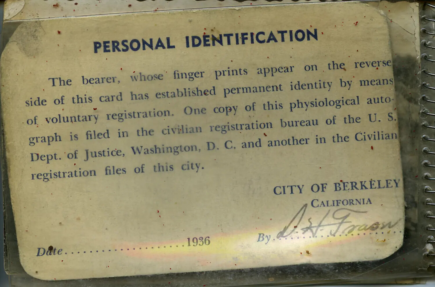 1936 City of Berkeley, California 'Personal Identification' Registration Card