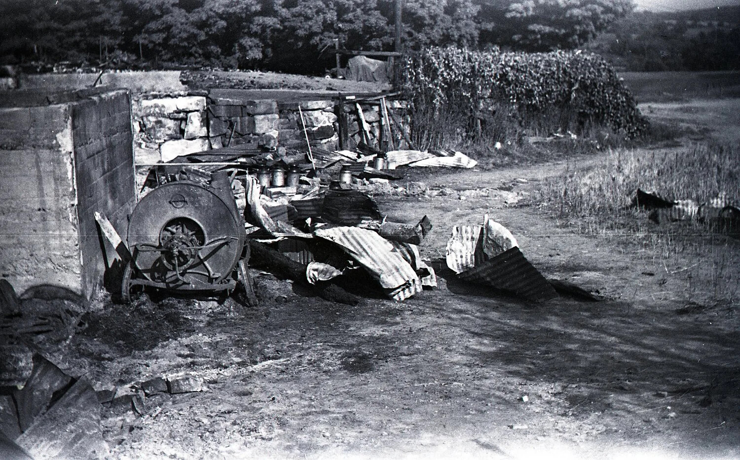 Storm or Fire-Damaged Farm Outbuilding, Stateside Dairy Farm, WWII Era