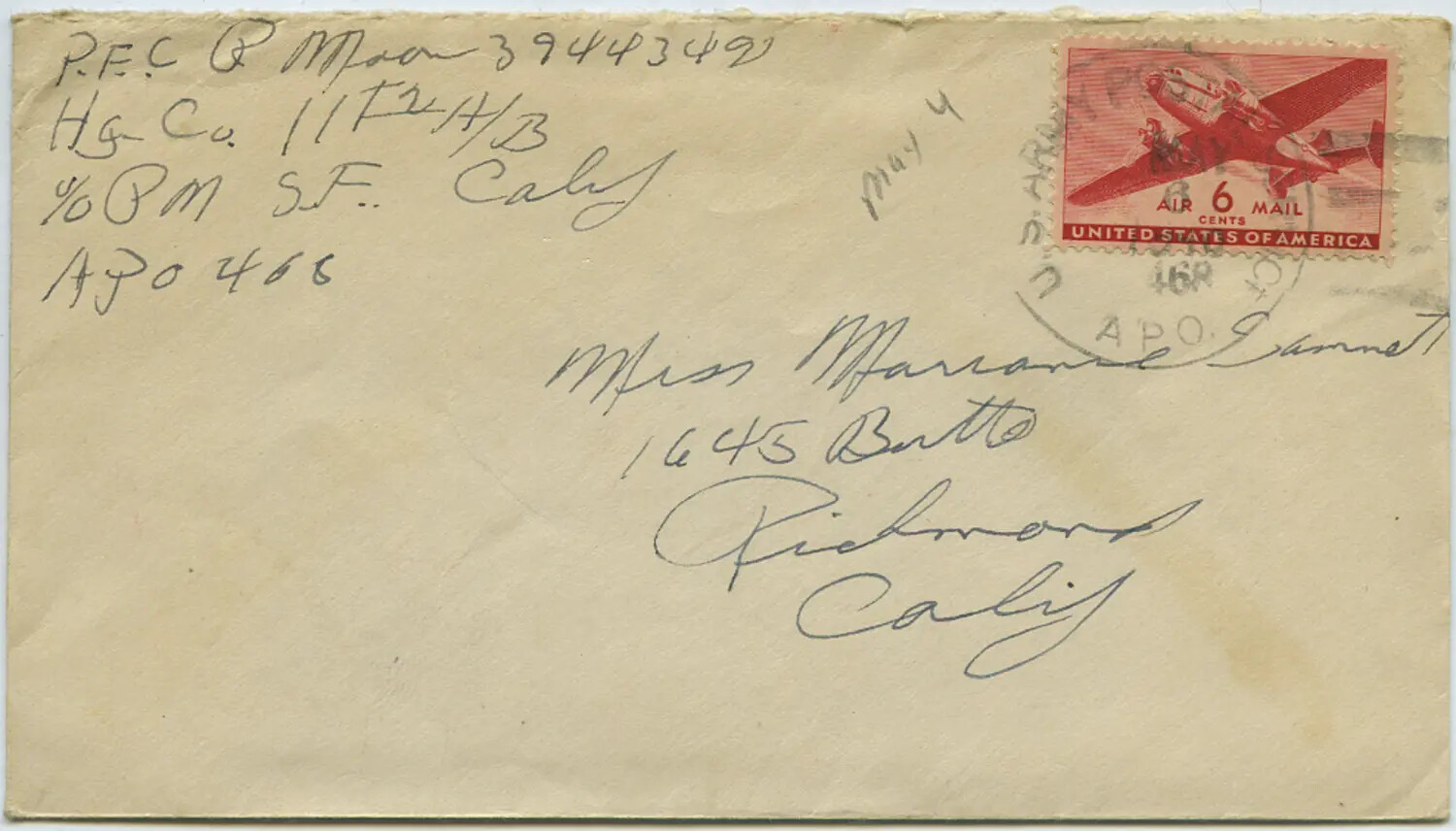 WWII Air Mail Envelope from PFC R. Moon, APO 466, to Richmond, California