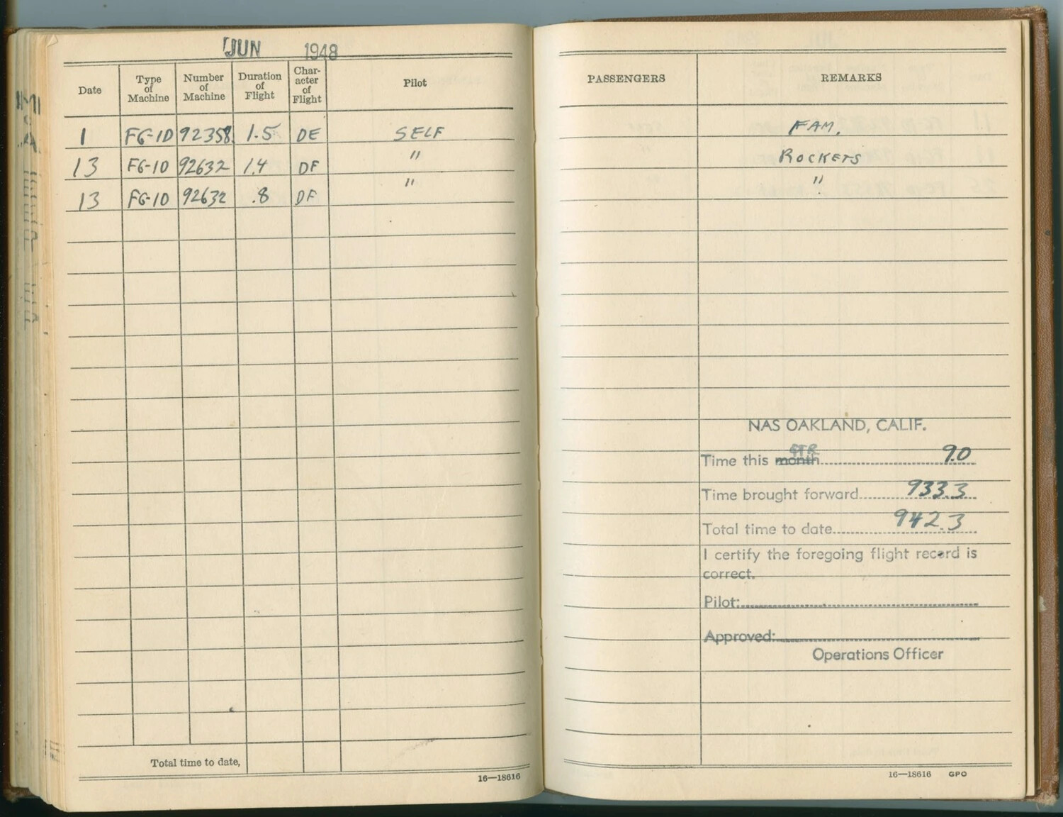 Pilot's Flight Logbook Page, June 1948, FG-1D Corsair Flights at NAS Oakland -- McAleer Collection