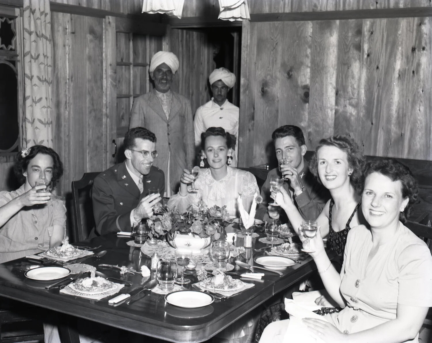 American Servicemen and Women Toasting at a Formal Dinner, Kashmir, India, WWII China-Burma-India Theater