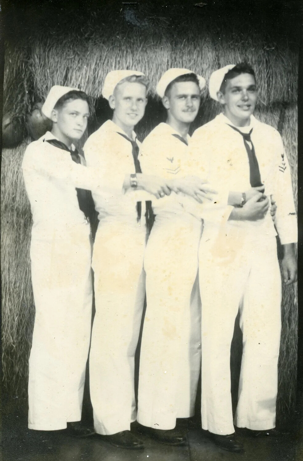 Studio Portrait of Four Sailors in Dress Whites, Pacific Liberty Port, WWII Era