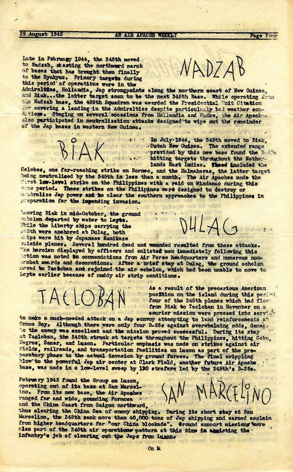'An Air Apache Weekly' Newsletter, Page Four, 29 August 1945 — 345th Bombardment Group Unit History
