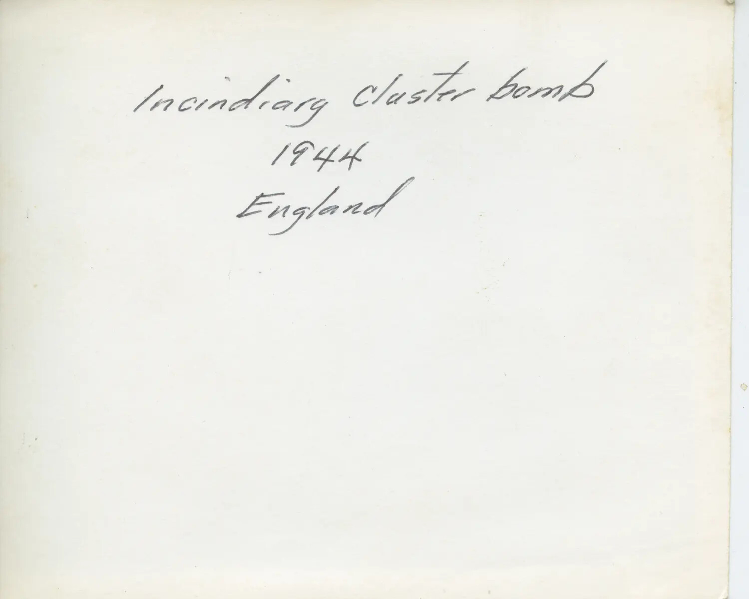 Archival Caption Card: 'Incendiary Cluster Bomb, 1944, England'