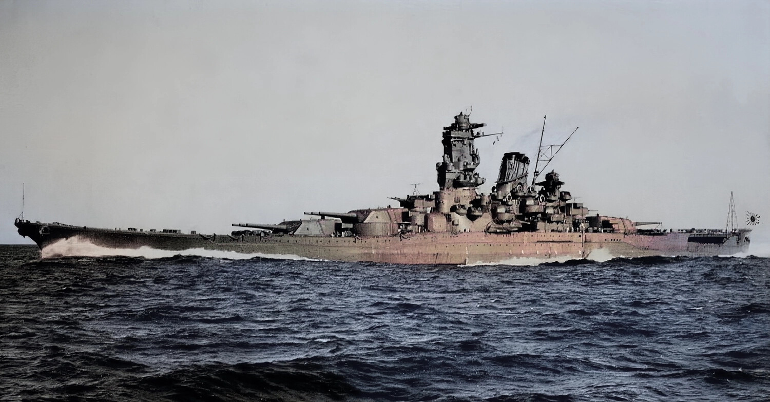 Colorized/Upscaled Photograph of Imperial Japanese Navy Battleship Yamato Underway at Sea