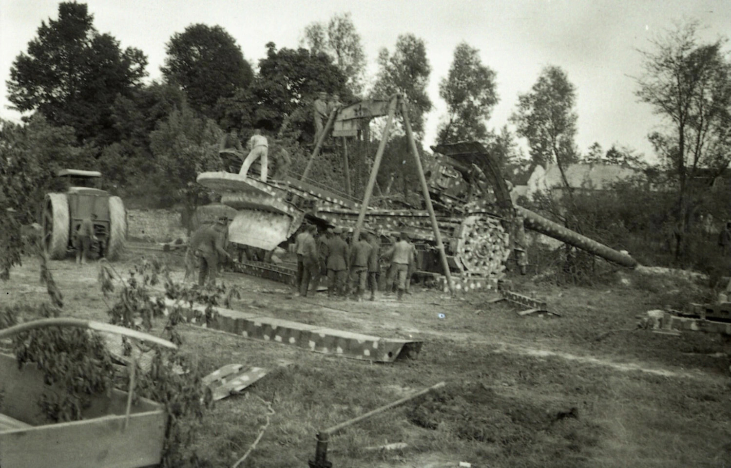 German Super-Heavy Siege Howitzer Being Assembled with Gantry Crane, WWI