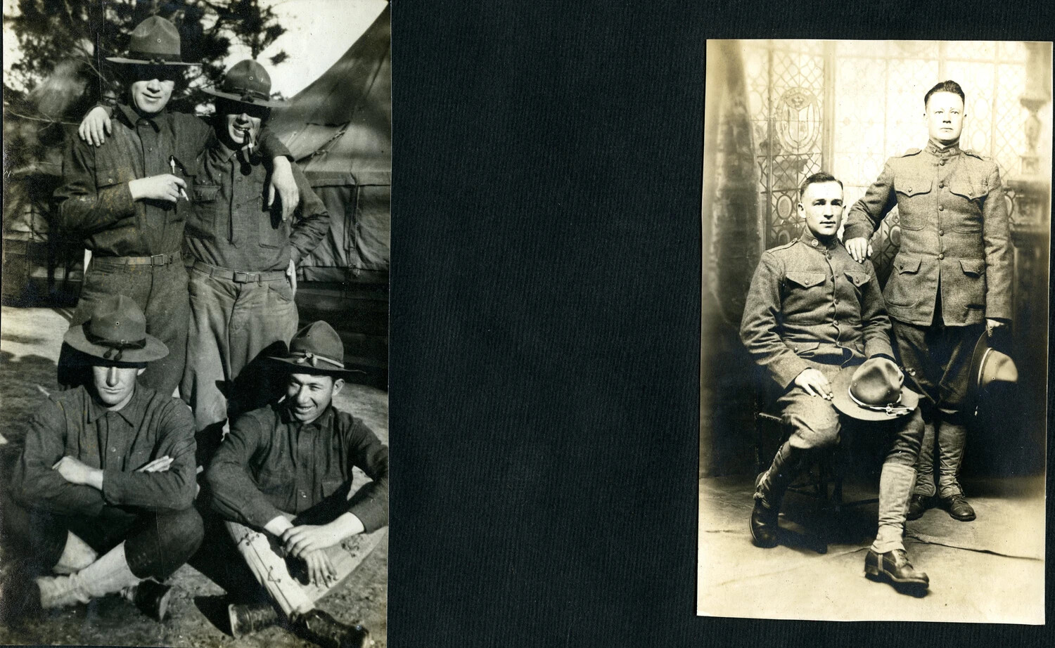World War I Photo Album Page: Camp Snapshot and Studio Portrait of Soldiers