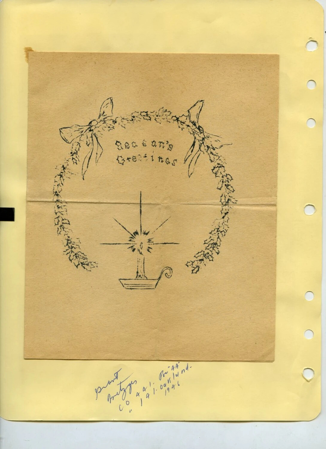 Hand-Drawn 'Season's Greetings' Holiday Card, Mounted Album Page (McAleer Collection), 1946