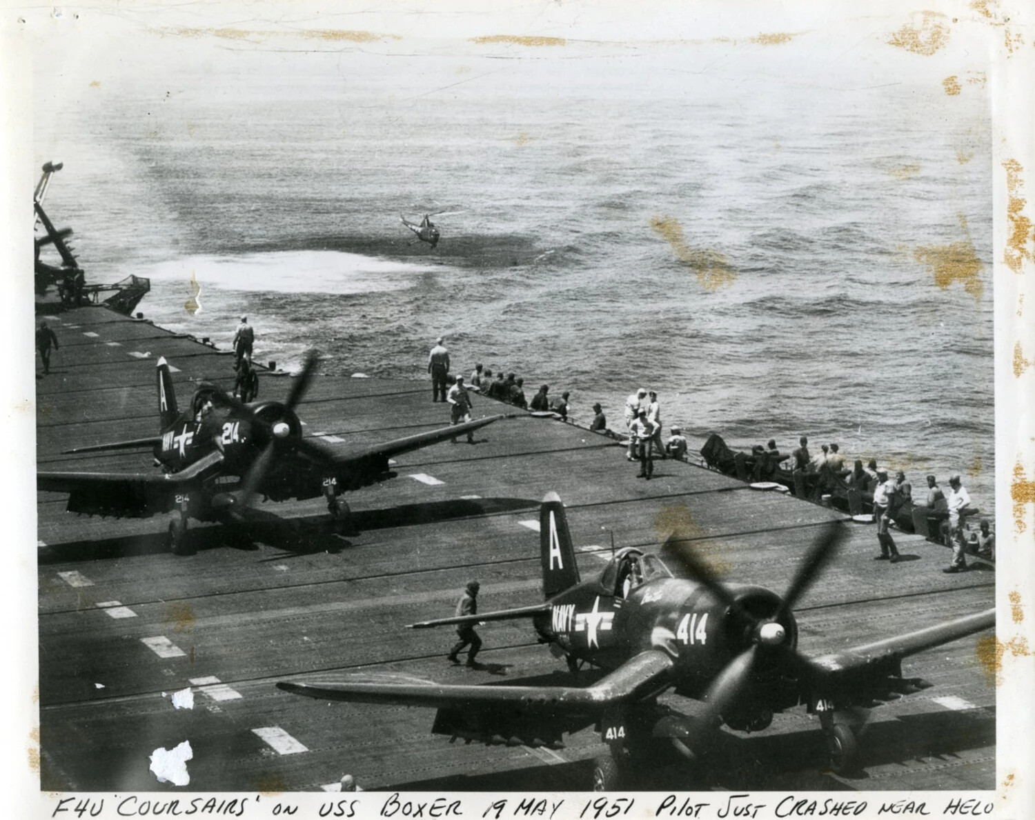 F4U Corsairs Aboard USS Boxer (CV-21), 19 May 1951, Pilot Rescue Near Plane-Guard Helicopter, Korean War