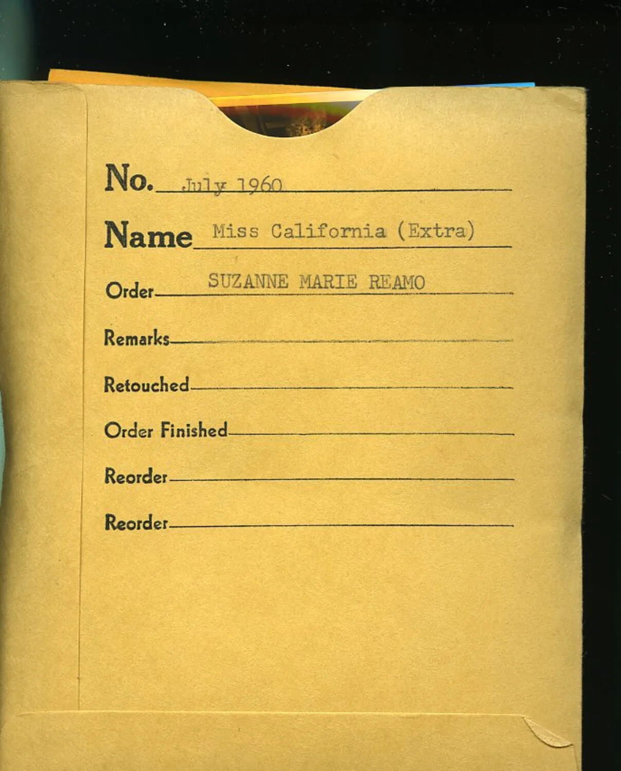 Photo Studio Order Envelope for 'Miss California (Extra)' Suzanne Marie Reamo, July 1960