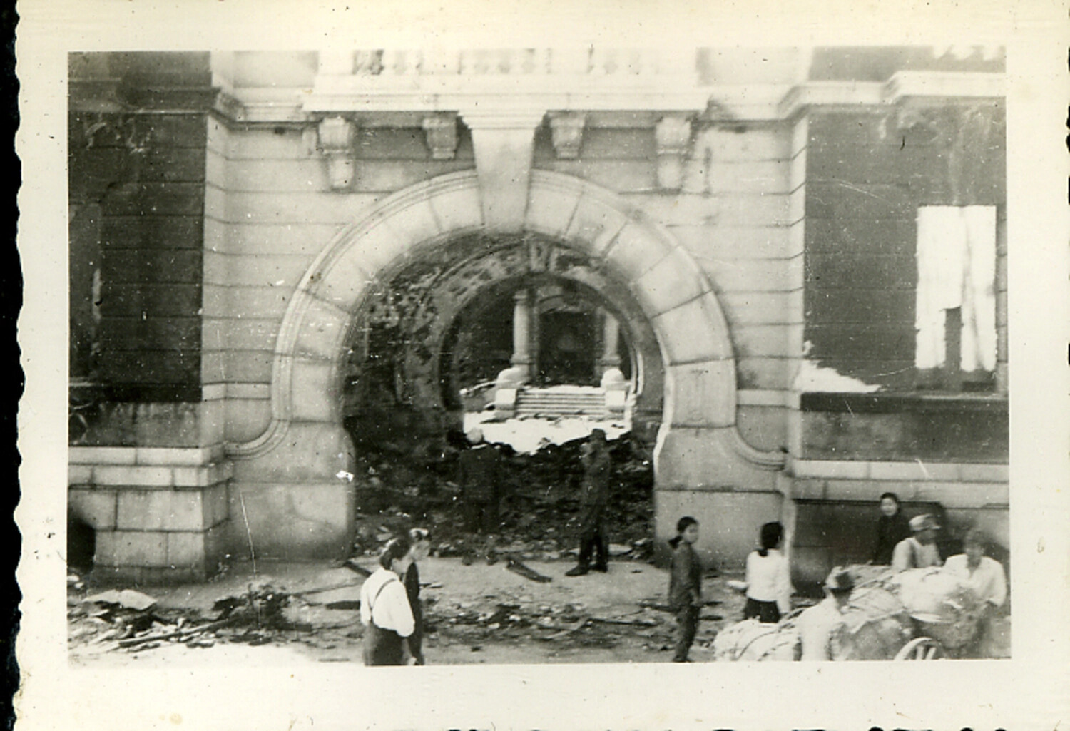 Fire-Gutted Stone Building Entrance, Hiroshima, Japan, Post-Atomic Bomb, 1945
