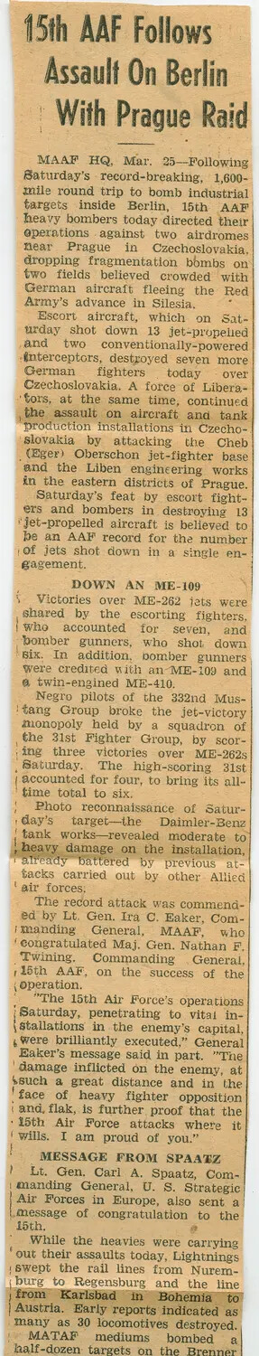 Newspaper Clipping: '15th AAF Follows Assault On Berlin With Prague Raid,' March 1945