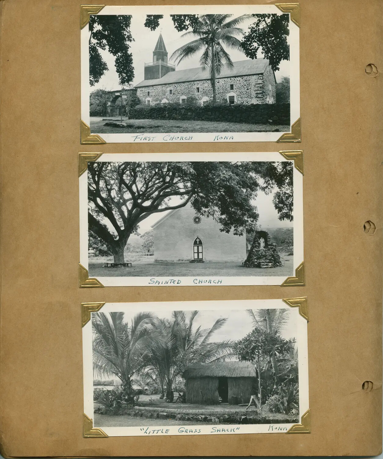 Album Page: First Church Kona, Sainted Church, and "Little Grass Shack," Kona, Hawaii, World War II Era