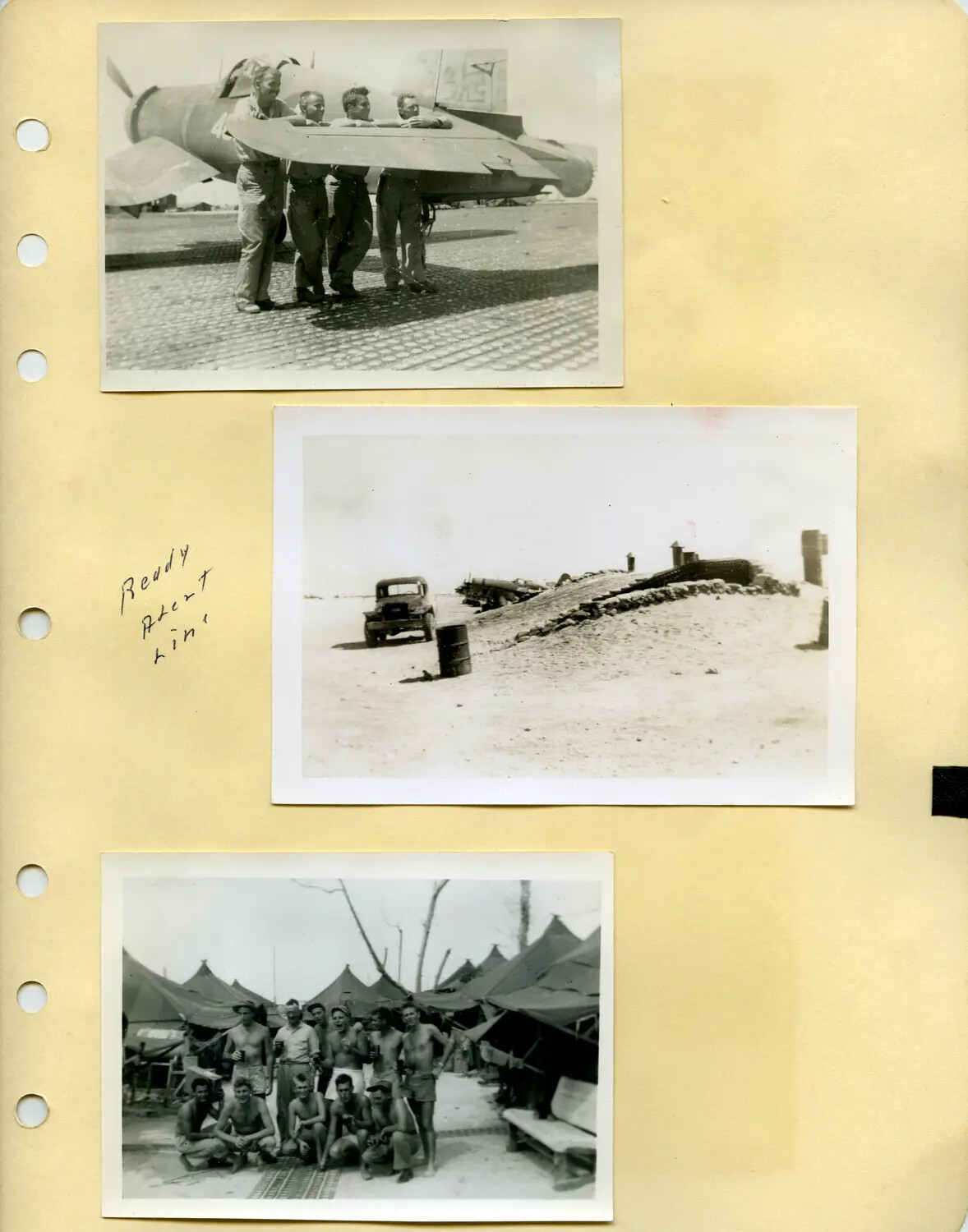 WWII Pacific Theater Scrapbook Page: Fighter Aircraft Crew, "Ready Alert Line" Revetment, and Camp Group Photo, Pat McAleer Collection