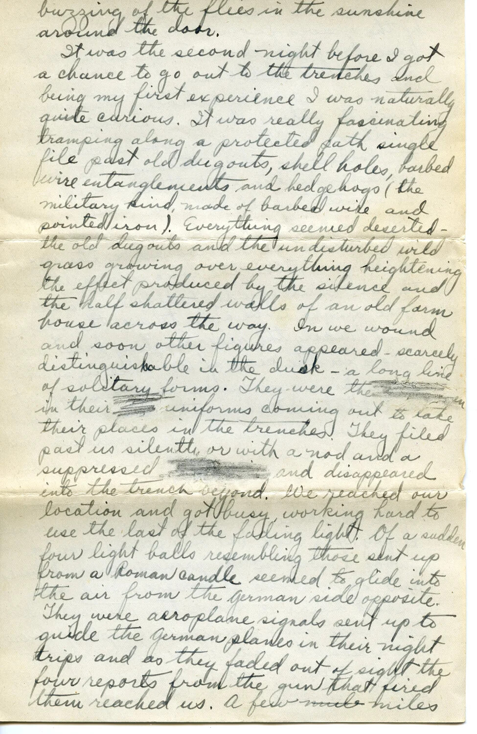 Handwritten WWI Letter Page - Trench Relief and German Signal Flares (Letter 5, Page G)