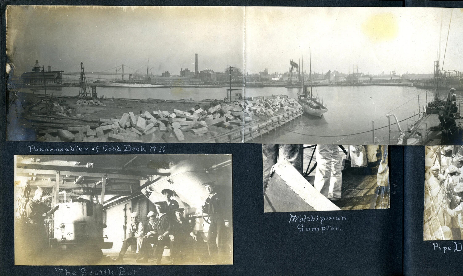 Album Page 310: Panorama of Cobb Dock, New York, with Shipboard Scenes 'The Scuttle Butt,' 'Midshipman Sumpter,' and 'Pipe Down' - USS Columbia Album, c. 1898-1910s