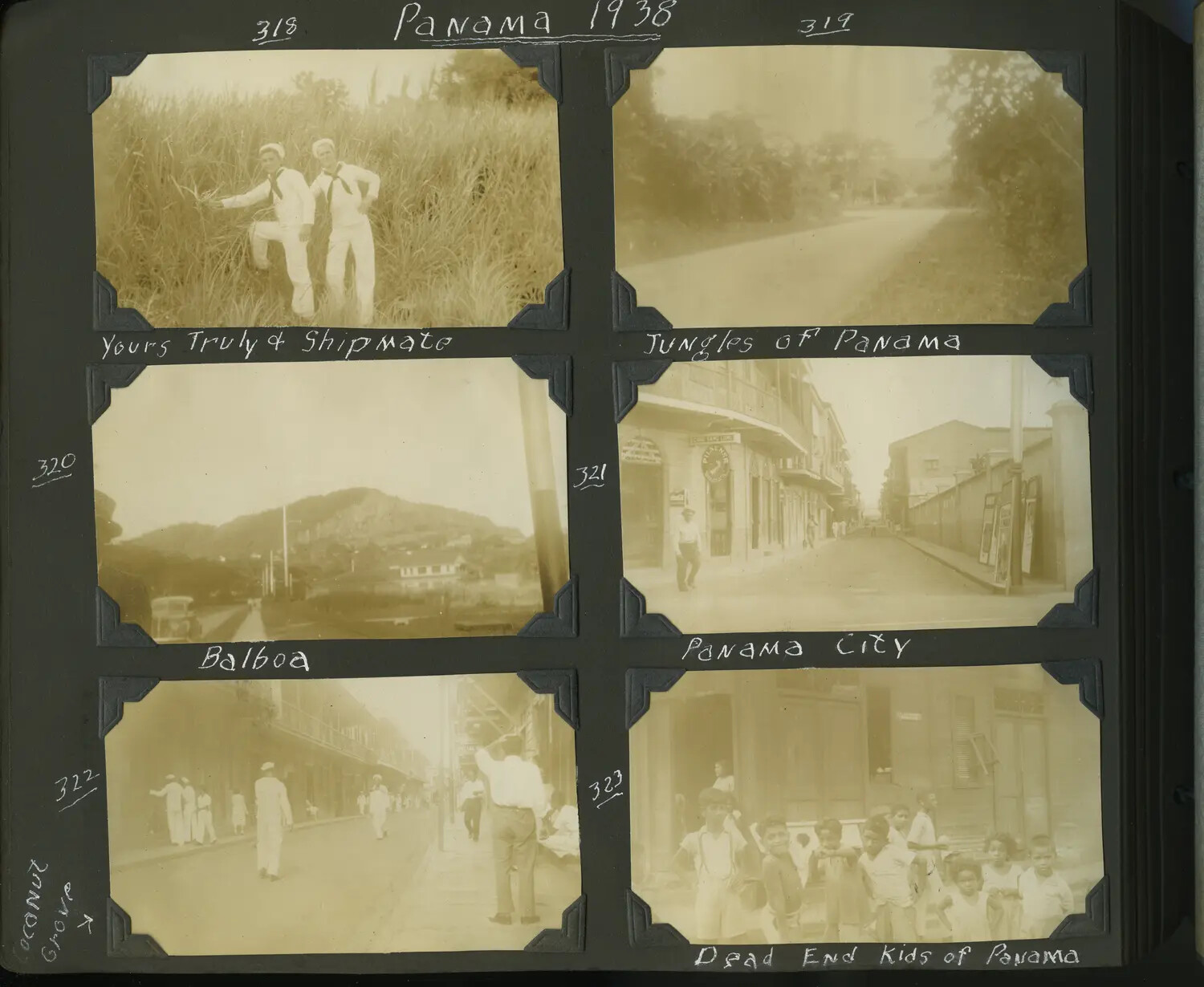 Album Page: 'Panama 1938' - U.S. Navy Sailors on Liberty in the Panama Canal Zone, Six Mounted Photographs