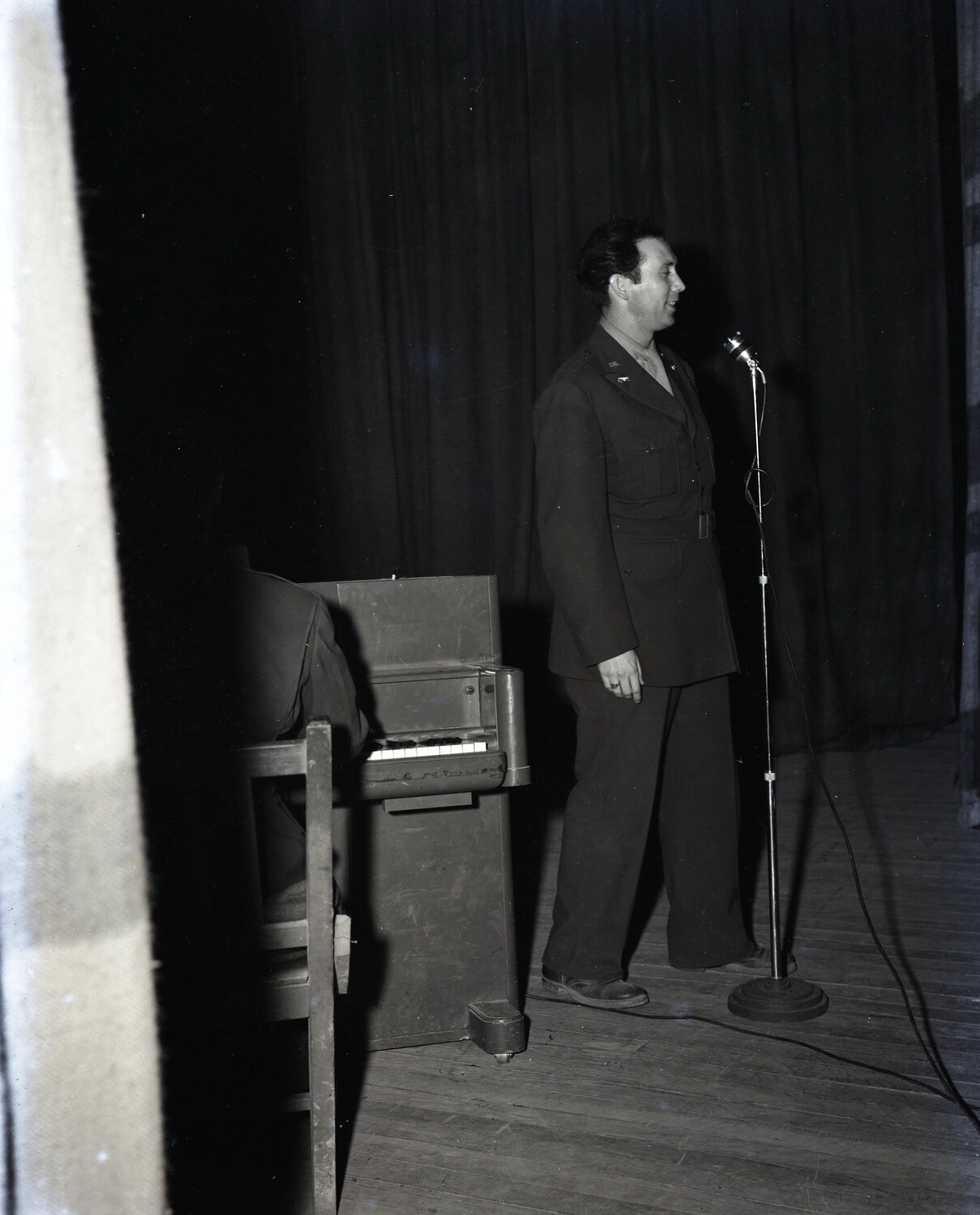 Uniformed Performer Singing on Stage with Field Organ, Myitkyina, Burma, WWII CBI Theater