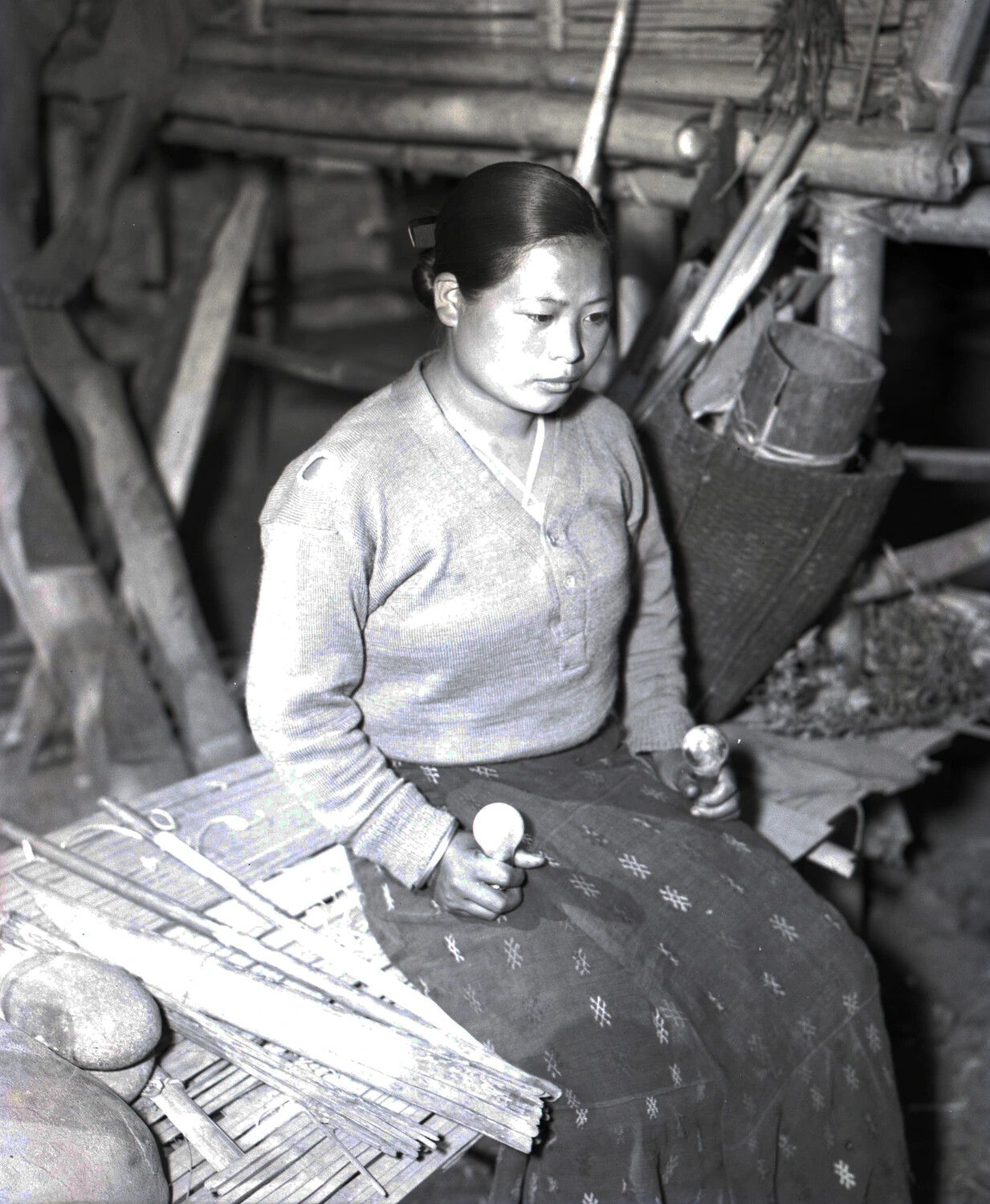 Local Woman Weaving at Traditional Loom, China-Burma Theater, WWII Era