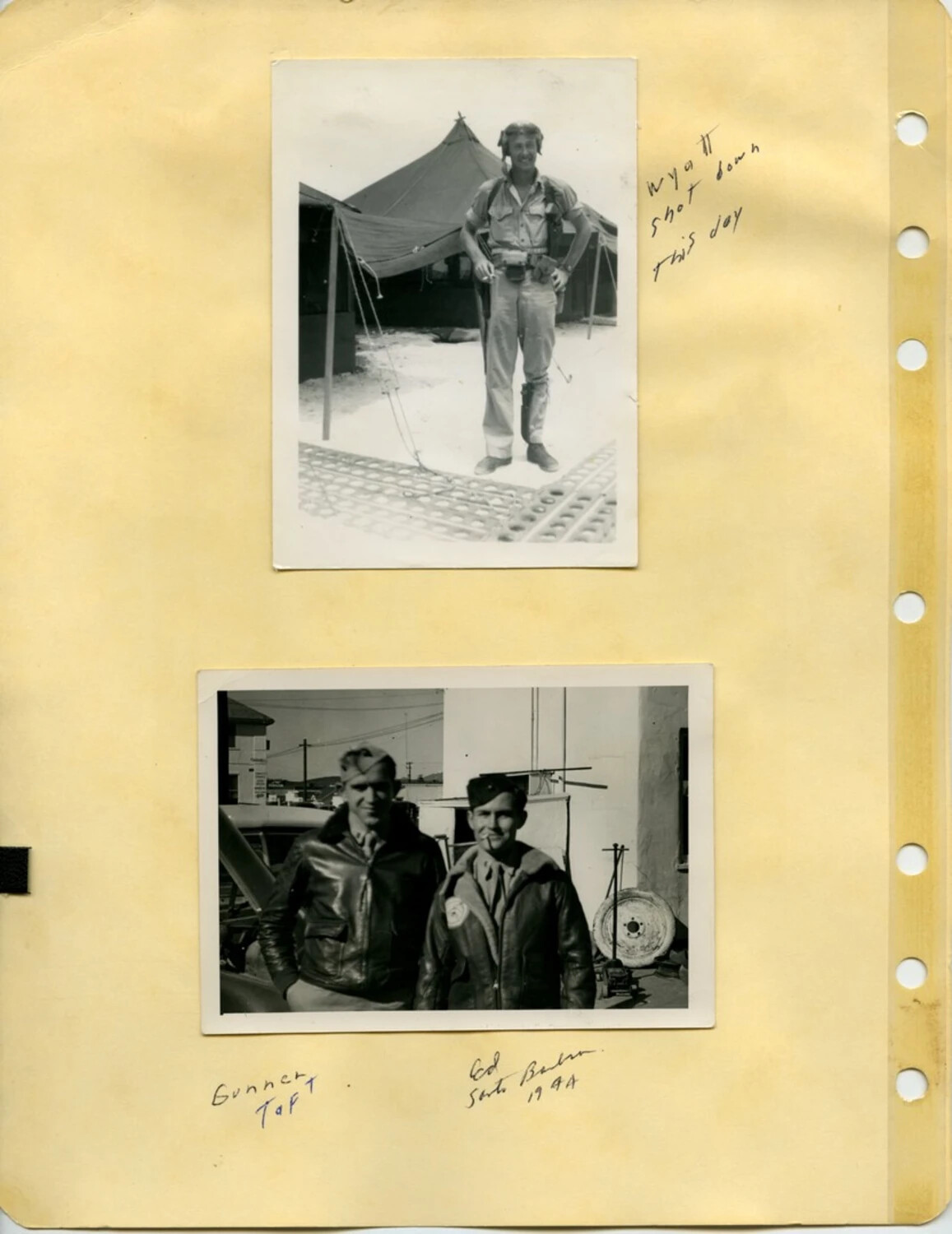 McAleer Photo Album Page: Airman Portrait Captioned 'Wyatt Shot Down This Day' and 'Gunner Taft / Ed,' 1944