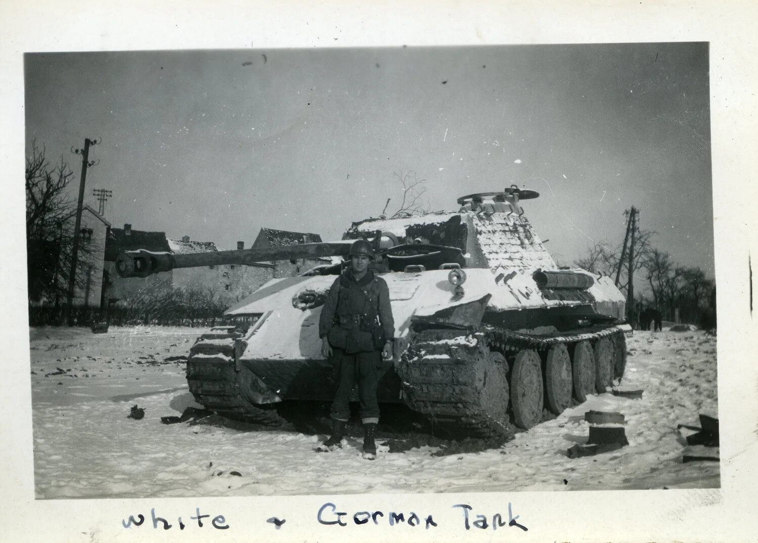 American Soldier 'White' with Captured German Panther Tank in Snow, 44th Infantry Division, WWII