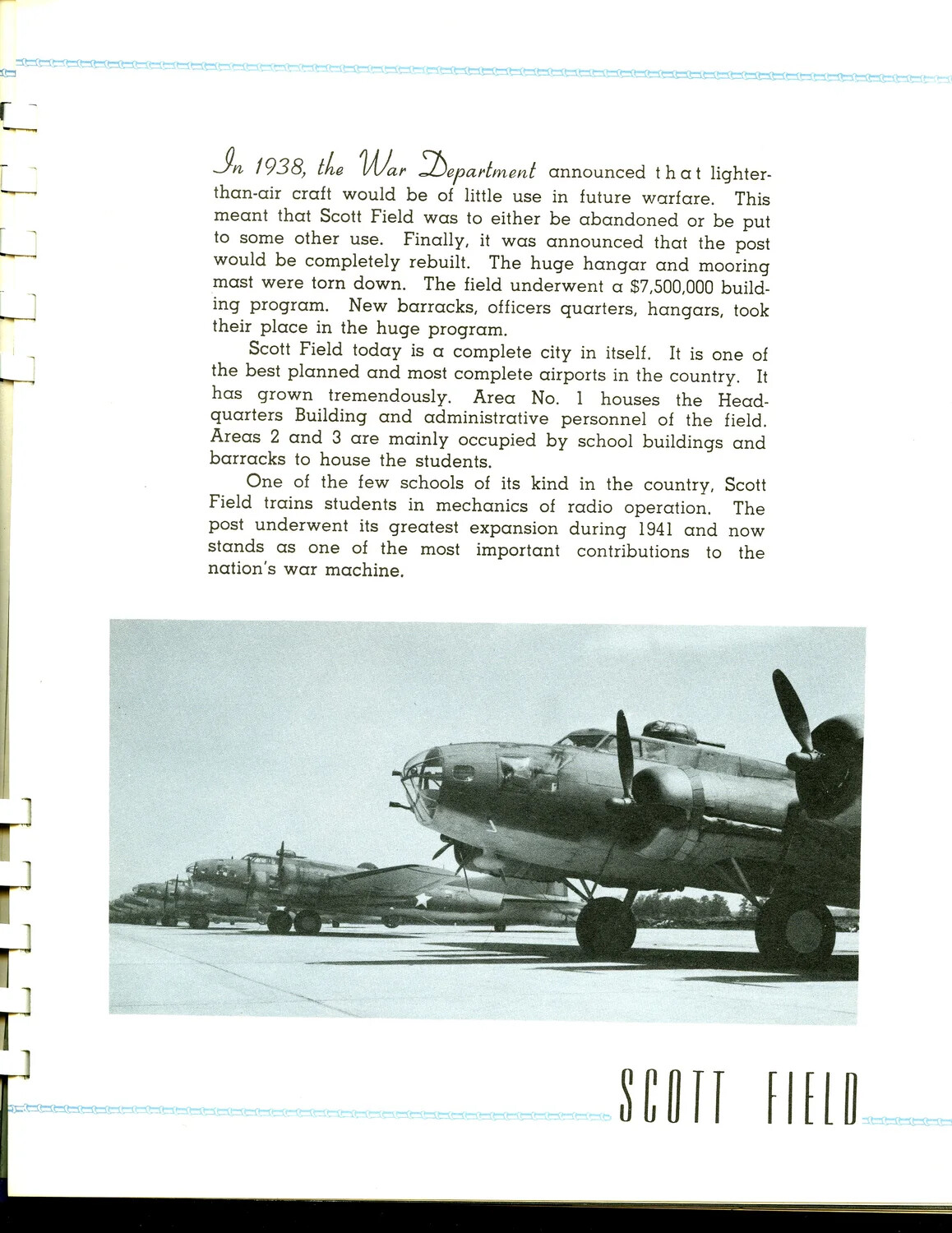 Printed Page, Scott Field History Booklet, with B-25 Mitchell Bombers on Flight Line