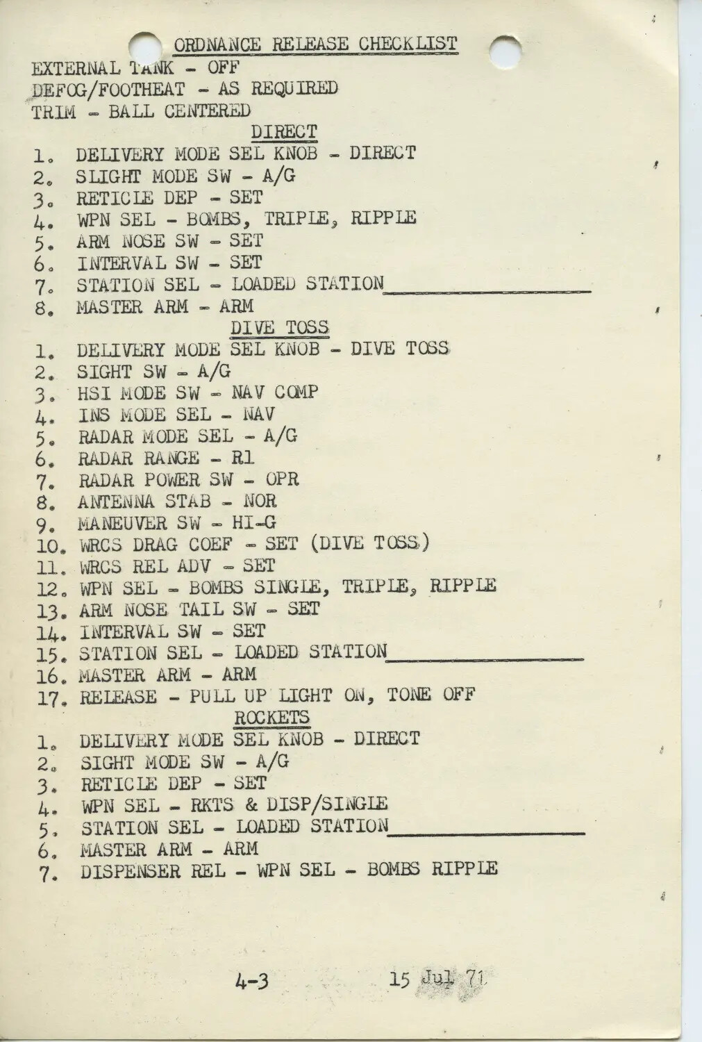 Ordnance Release Checklist (Direct, Dive Toss, Rockets), USAF F-4 Phantom Manual (15 Jul 71)