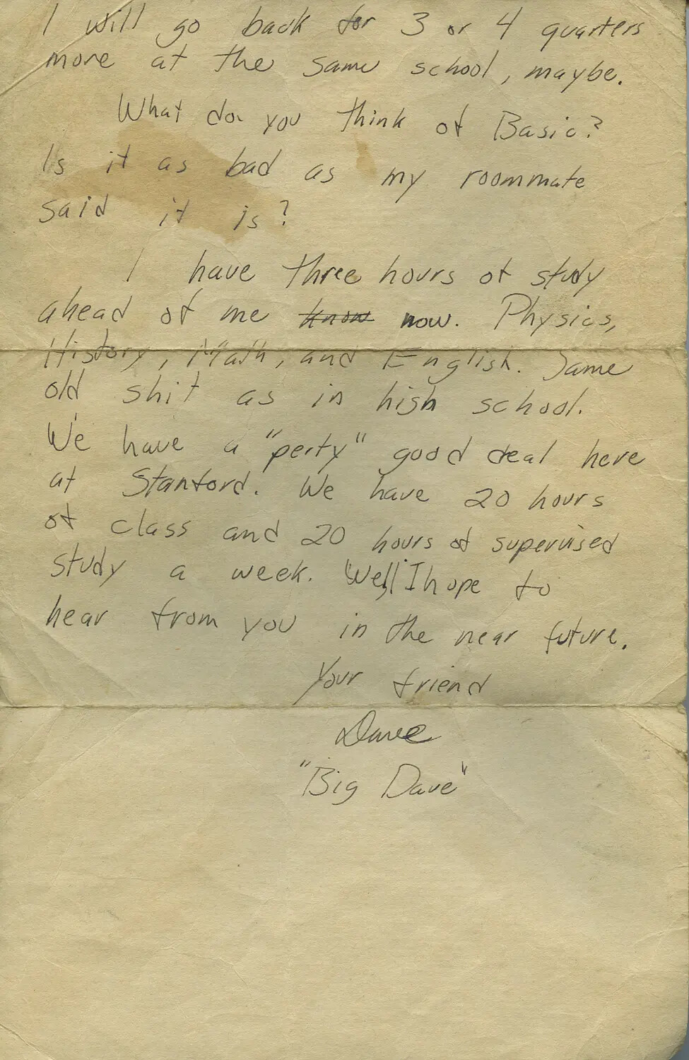 Handwritten Letter from "Big Dave" at Stanford University, Moon Sammiet WWII Letters Collection