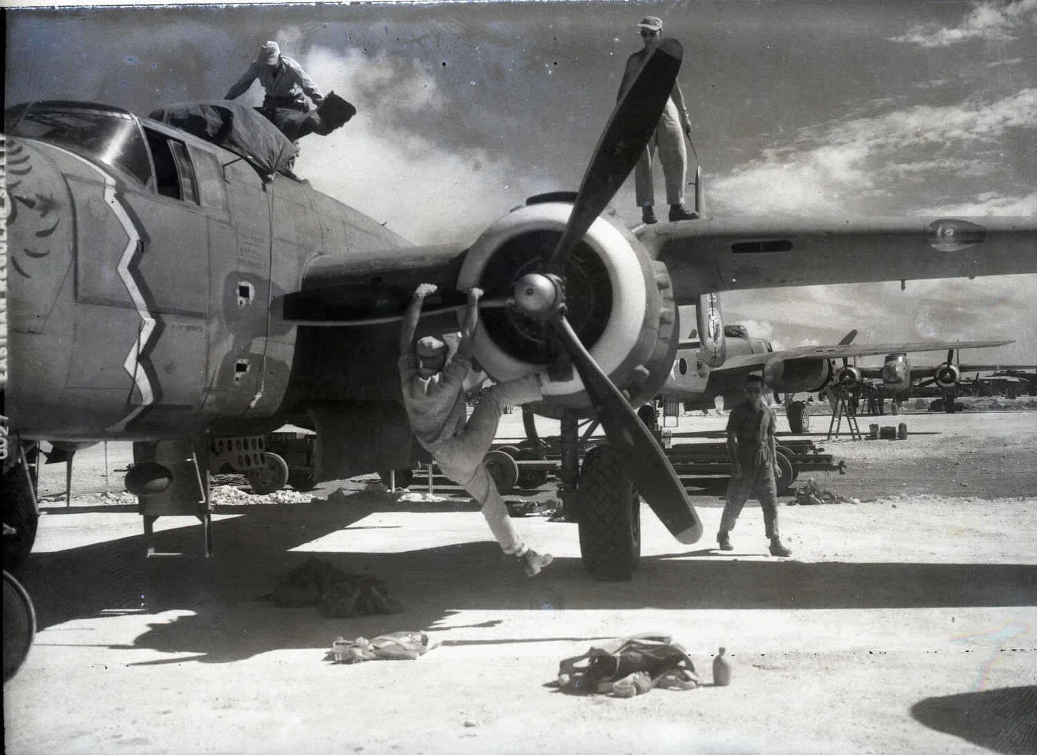 Ground Crew Servicing a 345th Bombardment Group B-25 Mitchell Bomber, Ie Shima