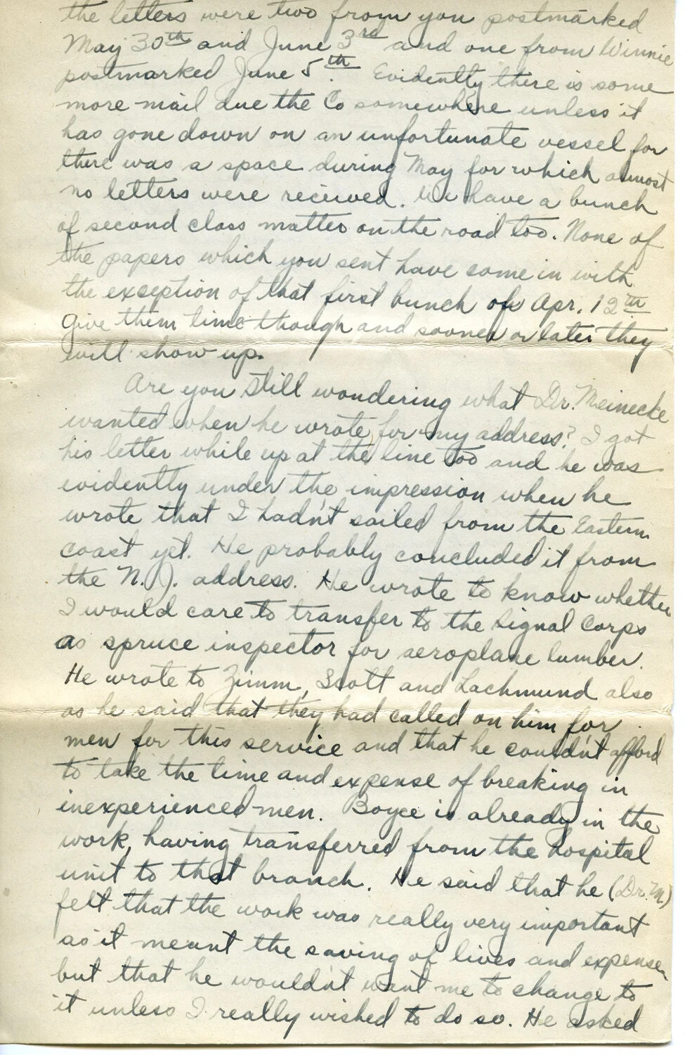 Handwritten WWI Letter, Page 5K - Pvt. Willis W. Wagener Correspondence, Discussion of Signal Corps Spruce Inspection Transfer