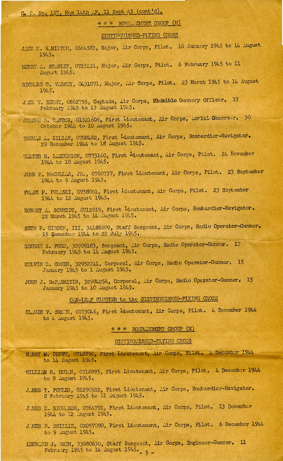 General Orders No. 127 – Distinguished Flying Cross Award Roster, Fourteenth Air Force, China-Burma-India Theater, 11 September 1945