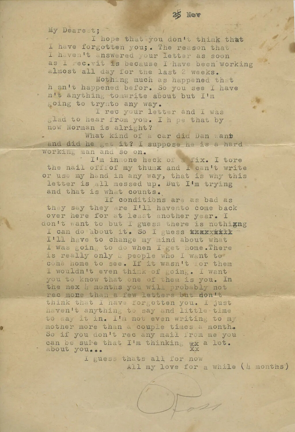 Typewritten Personal Letter, Dated '25 Nov,' from the Moon/Sammiet Wartime Correspondence Collection