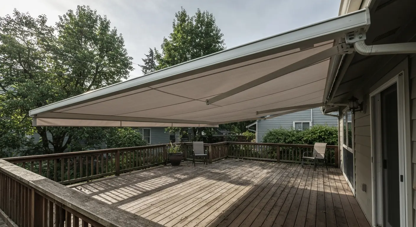 Retractable awning over deck