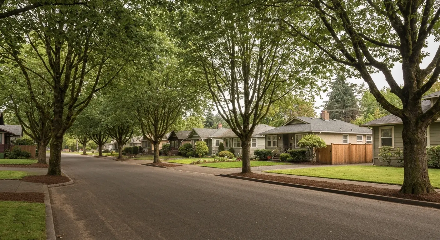 Milwaukie residential neighborhood street with mature trees