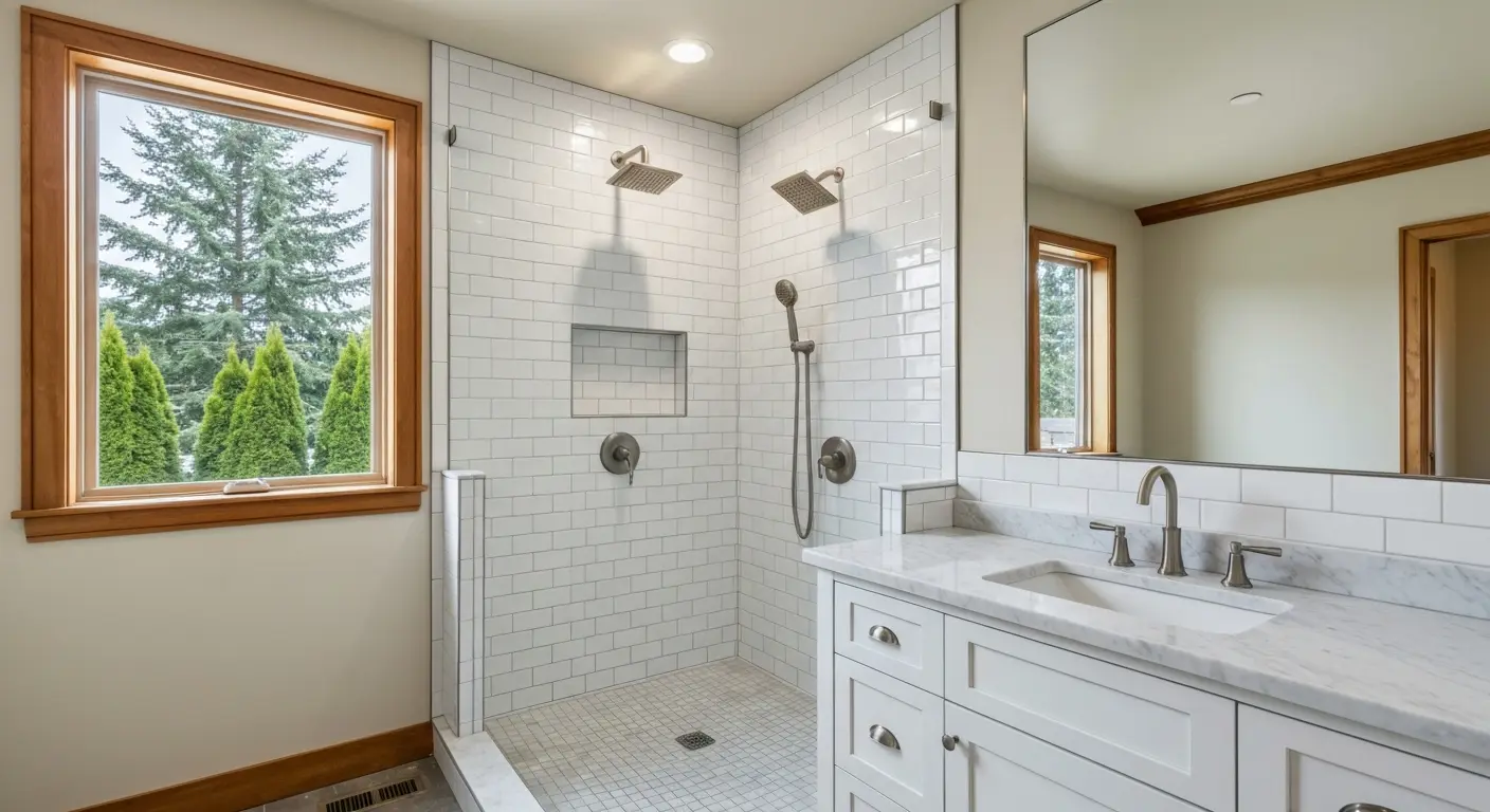 Bathroom with tile shower and vanity