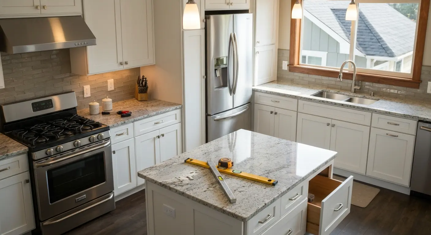 Modern kitchen with island and white cabinetry