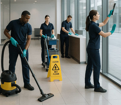 Cleaning crew mopping and sanitizing glass doors in a professional office space in Palm Harbor