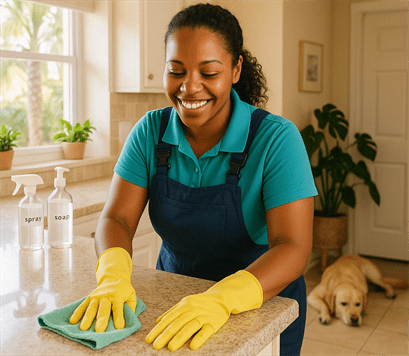 Smiling professional cleaner wiping kitchen counter in Palm Harbor home with eco-friendly products