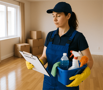Female cleaner holding a cleaning bucket and checklist in an empty home during move-out cleaning