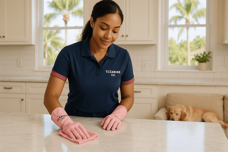 A Pretty & Clean Services cleaner in a branded navy and magenta uniform is smiling while placing fresh towels on a neatly made bed in a well-lit bedroom.