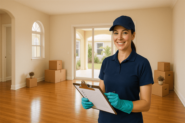 A Pretty & Clean Services cleaner in a branded magenta apron is holding a spray bottle and cloth inside a bright, empty living room with moving boxes in the background
