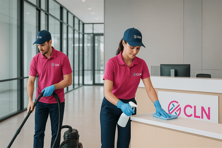 Two Pretty & Clean Services cleaners wearing branded uniforms are vacuuming the floor in a modern office or commercial hallway, with a CLN box visible in the background