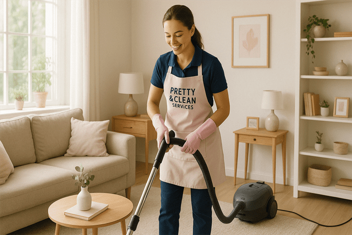Cleaner vacuuming a cozy living room in a Palm Harbor home