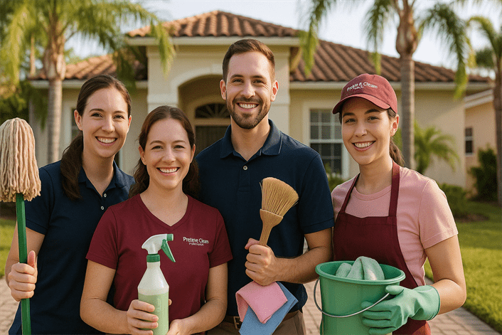 Smiling Pretty & Clean Services team holding cleaning supplies outside a Palm Harbor home, showcasing eco-friendly professionalism