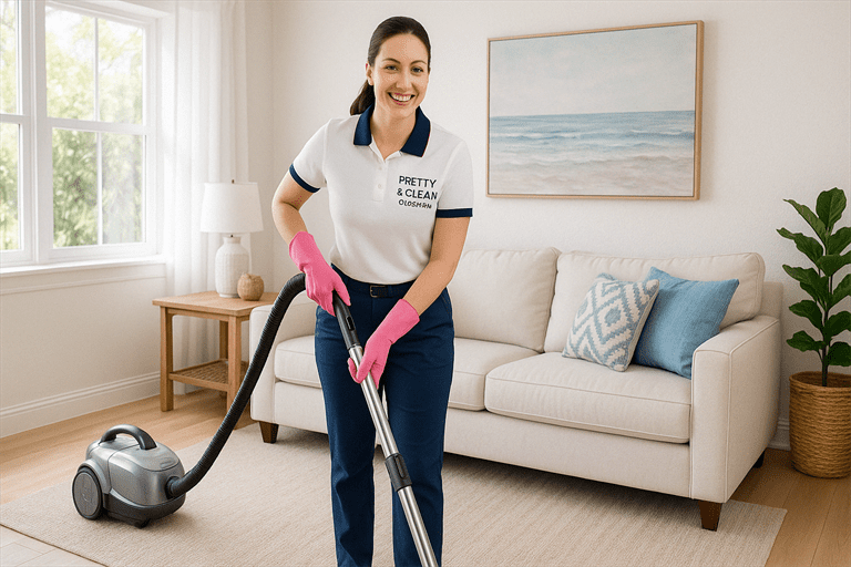 Cleaner vacuuming a bright living room in Oldsmar