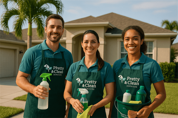 Pretty & Clean Services professional cleaners in uniform outside a Palm Harbor home, holding eco-friendly cleaning supplies with logo visible