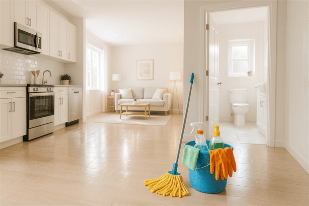 Bright modern home interior with clean kitchen, living room, and bathroom, featuring a cleaning bucket and supplies on a shiny floor under natural sunlight