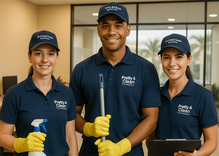 Team of Pretty & Clean Services cleaners standing in a clean office with uniforms and supplies, representing trusted commercial cleaning in Palm Harbor.